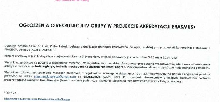 Erasmus+ Rekrutacja kolejnej grupy na wyjazd z Projekt Akredytacji Erasmus+ do Portugalii. Termin nadsyłania dokumentów – do 8.03.2024r. Erasmus+ Rekrutacja kolejnej grupy na wyjazd z Projekt Akredytacji Erasmus+ do Portugalii. Termin nadsyłania dokumentów – do 8.03.2024r.
