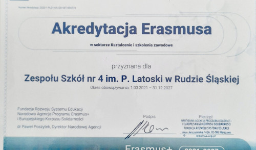 Projekt Akredytacja Erasmusa 01.03.2021r. -31.12.2027 r.  ZS nr 4 w Rudzie Śląskiej
