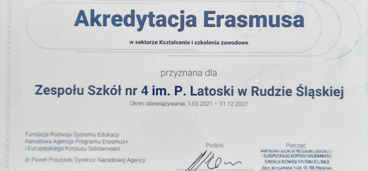Projekt Akredytacja Erasmusa 01.03.2021r. -31.12.2027 r.  ZS nr 4 w Rudzie Śląskiej